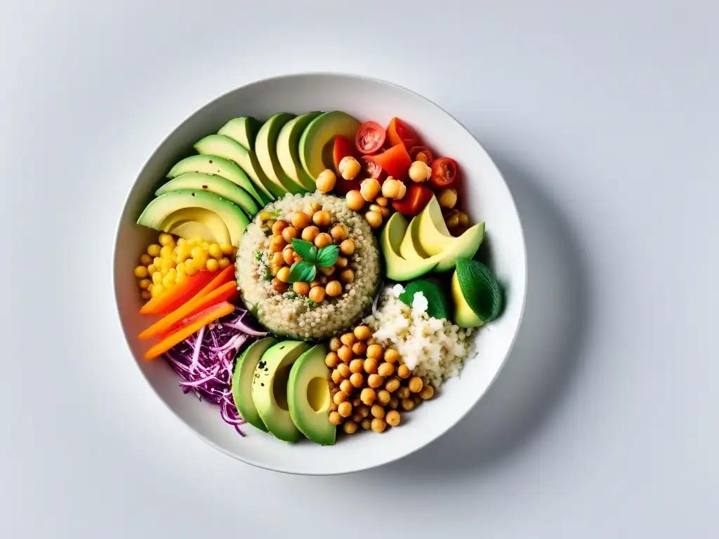 Deliciosa receta vegana sin aceite: Buddha bowl colorido con verduras frescas, quinoa, aguacate y garbanzos en plato blanco moderno