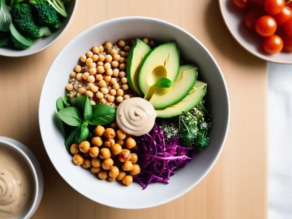 Deliciosa receta vegana sin aceite: Buddha bowl colorido con verduras frescas, quinoa y aderezo de tahini en bonito cuenco de cerámica