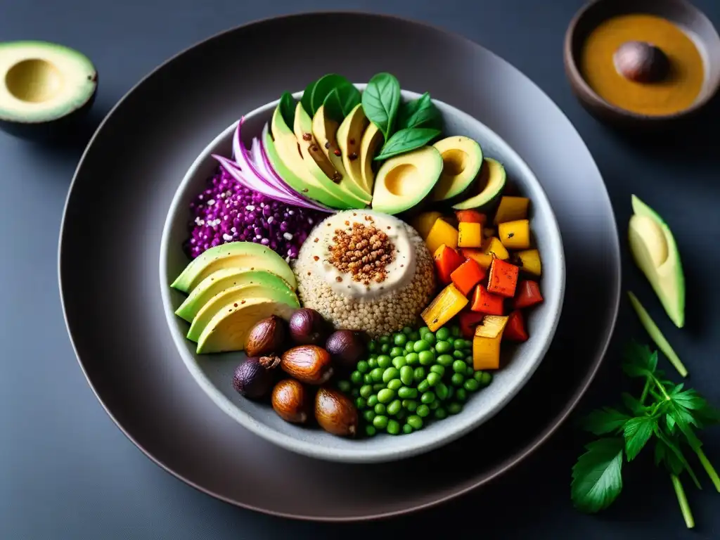 Deliciosa receta vegana sin aceite: Buddha bowl colorido con verduras asadas, quinoa, aguacate y aderezo de tahini