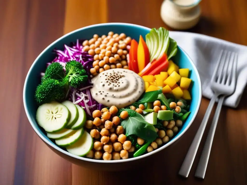 Deliciosa receta vegana de almuerzo fácil: bowl vibrante con verduras frescas, garbanzos y aderezo de tahini