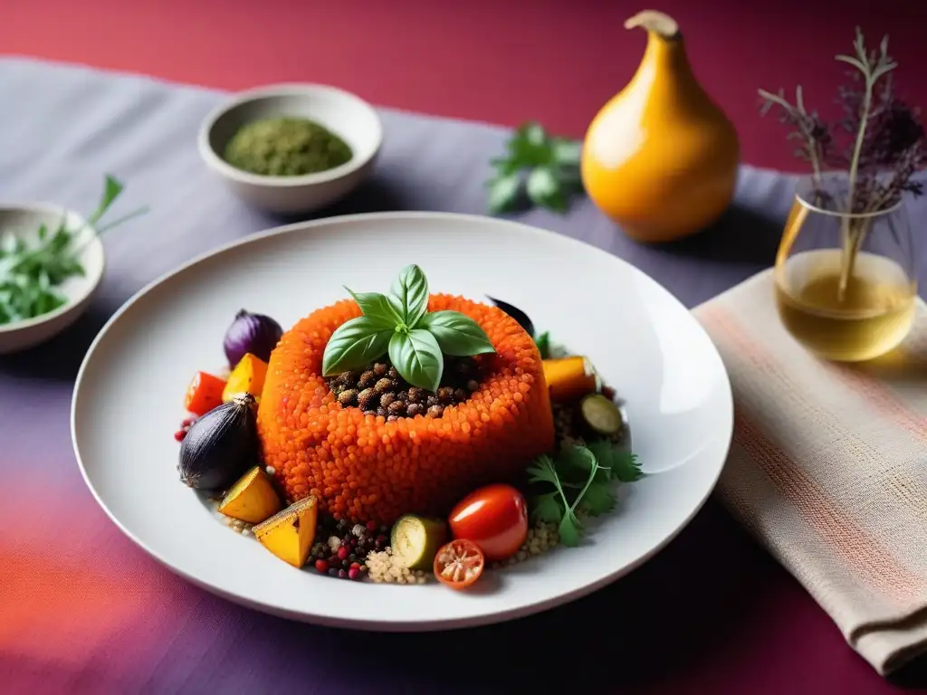 Deliciosa receta vegana andina: quinua, vegetales asados y especias peruanas en un plato blanco, sobre textil peruano colorido