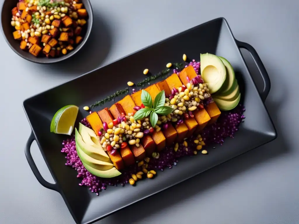 Deliciosa receta vegana andina: colorido plato de quinua, batata, aguacate y maíz, con aderezo de cilantro y lima