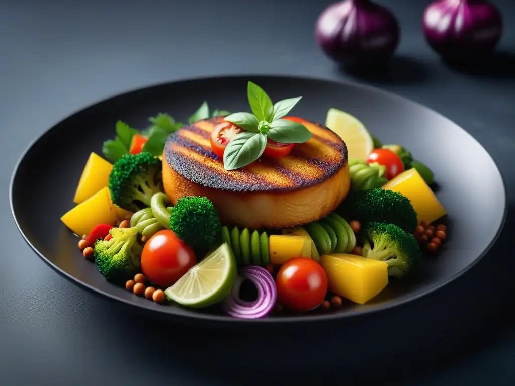 Deliciosa receta vegana de la cocina rumana: plato colorido con verduras frescas y especias en un elegante escenario contemporáneo