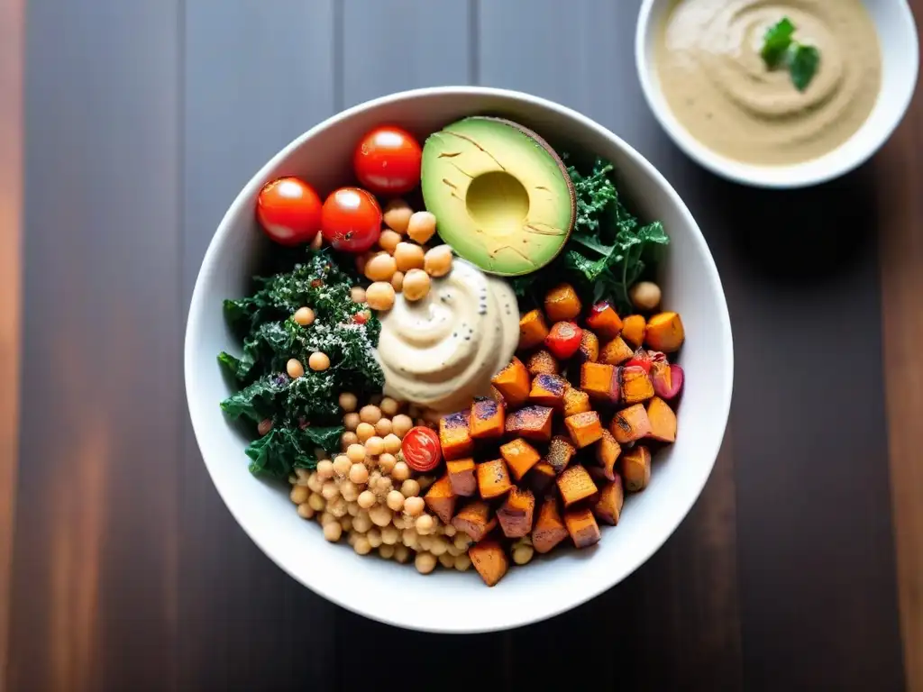 Deliciosa receta vegana para deportistas: bol de proteínas con quinoa, batata, aguacate, tomate, garbanzos y aderezo de tahini