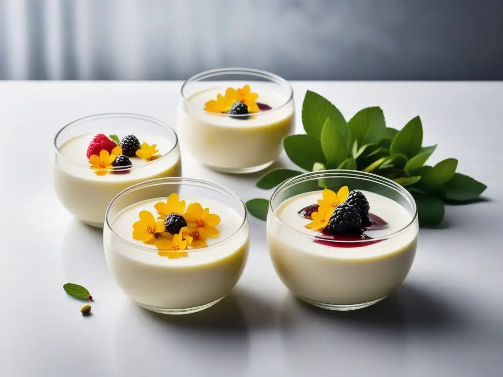 Deliciosa receta panna cotta vegana sin gelatina rodeada de frutas frescas, flores comestibles y pistachos triturados en una cocina moderna y elegante