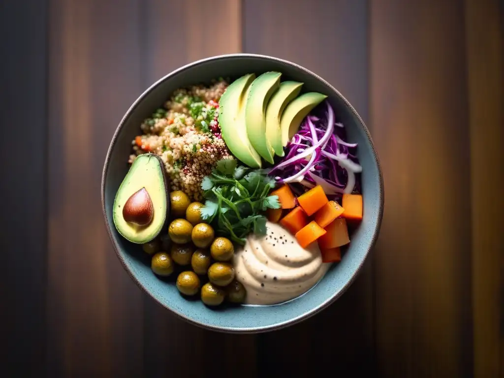 Deliciosa receta vegana sin gluten: Buddha bowl colorido con vegetales frescos, quinoa, aguacate y salsa de tahini en mesa de madera rústica