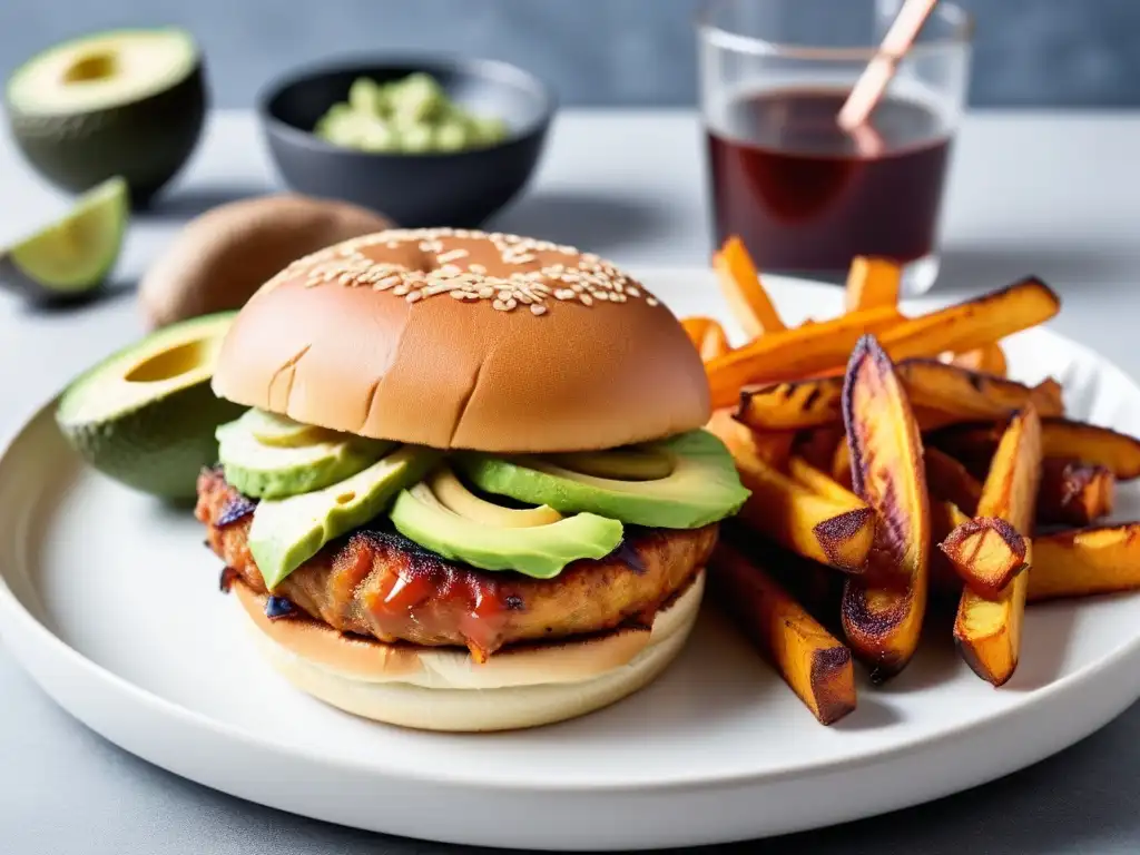 Deliciosa receta vegana: hamburguesa de jackfruit con queso sin lácteos, aros de cebolla crujientes y aguacate en plato blanco