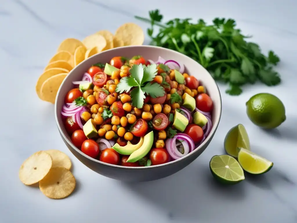 Deliciosa receta vegana latina: ceviche vibrante en bol moderno, con ingredientes frescos y coloridos