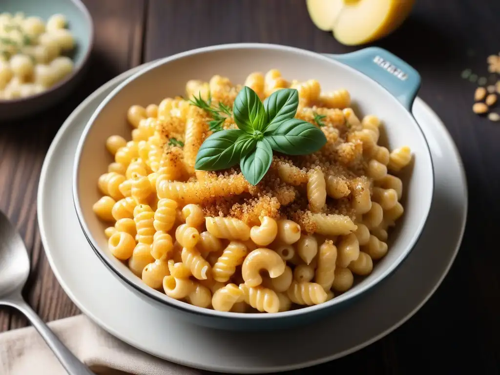 Deliciosa receta vegana de macarrones con queso, en un ambiente cálido y acogedor