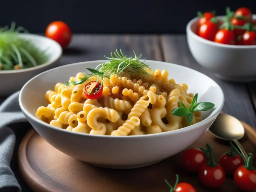 Deliciosa receta vegana de macarrones con queso, con salsa cremosa de anacardos y tomates cherry