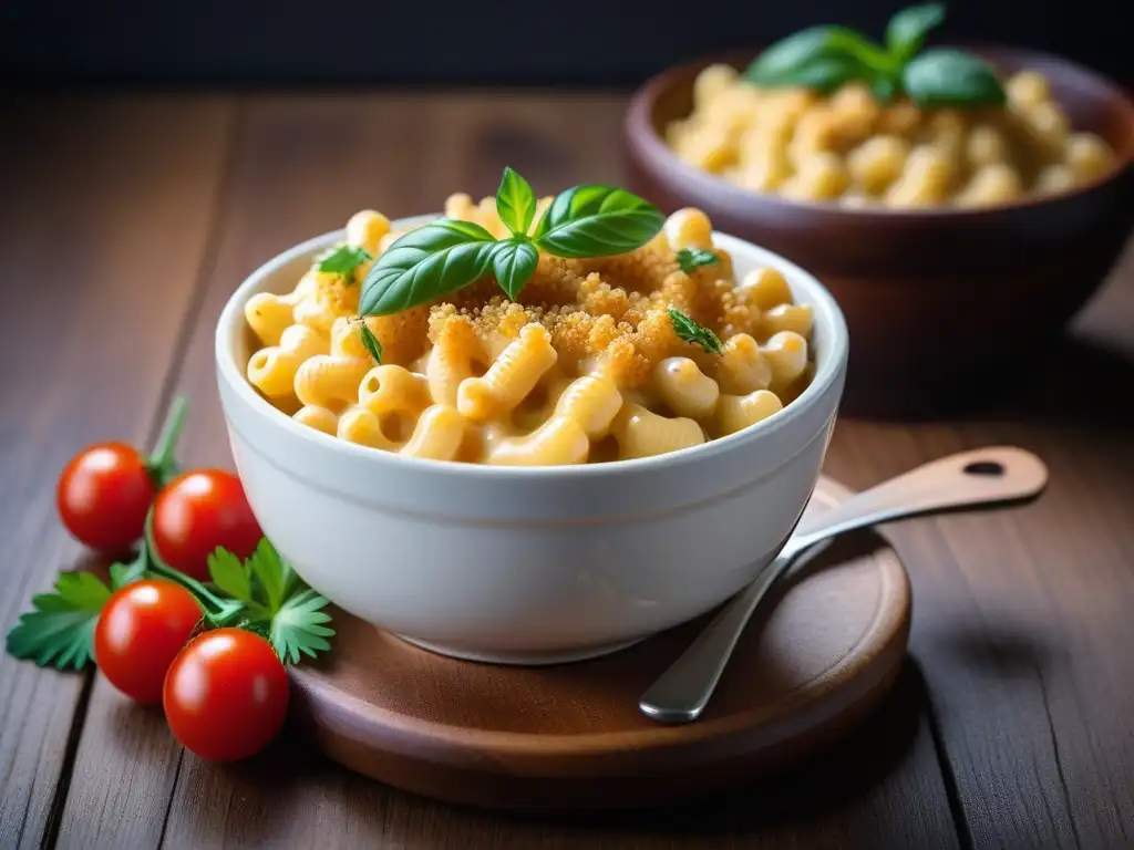 Deliciosa receta vegana de macarrones con queso en un bol de cerámica sobre mesa de madera