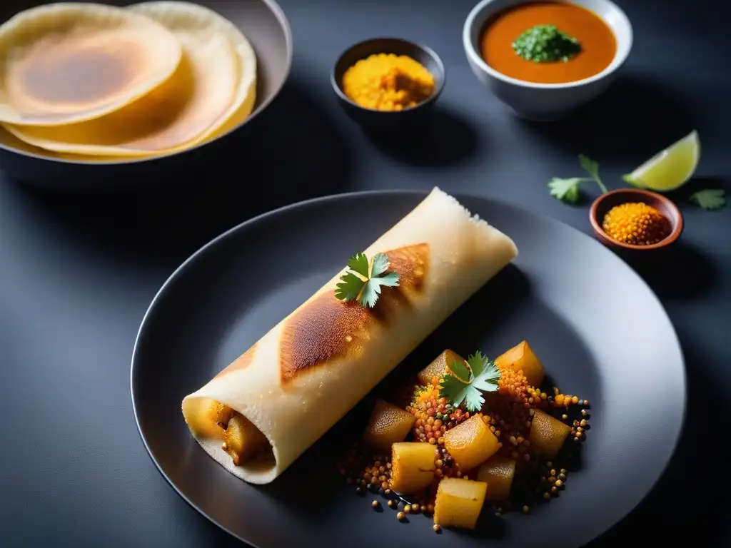 Deliciosa receta vegana de Masala Dosa con chutneys y sambar, presentada de manera elegante y apetitosa