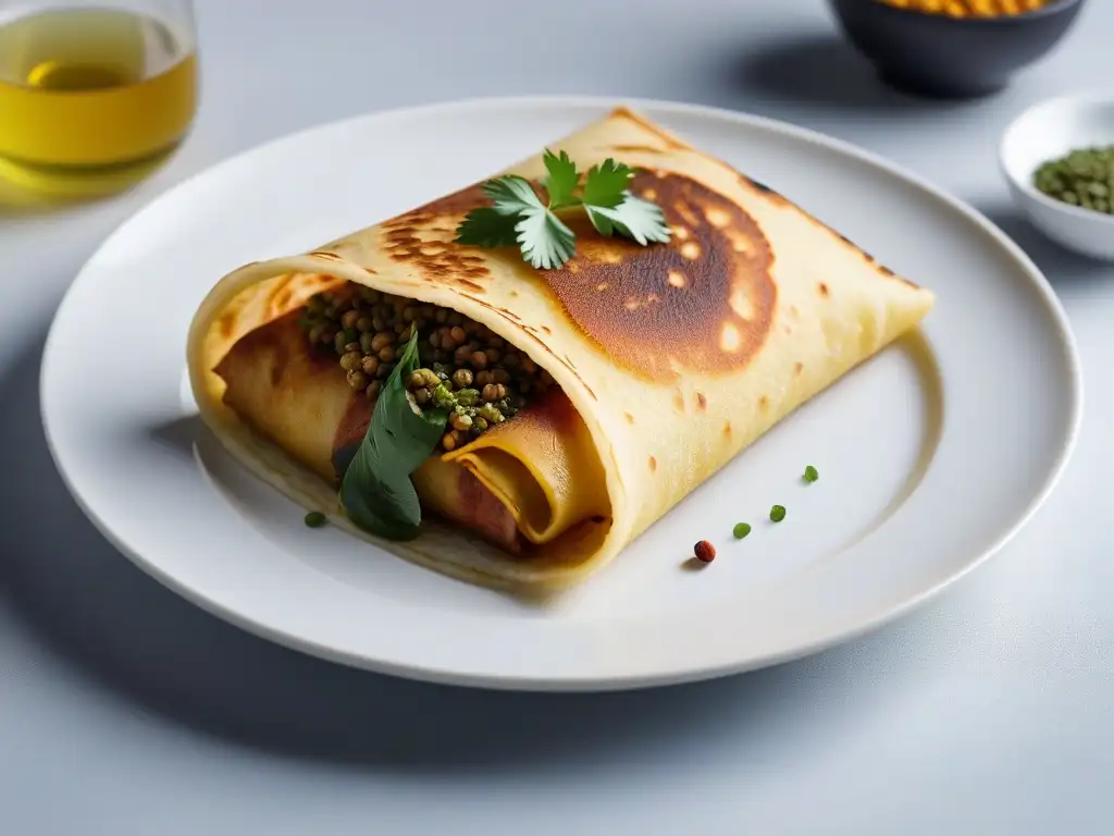 Una deliciosa receta vegana de Masala Dosa con relleno de patata, cebolla y especias, servida en un elegante plato blanco