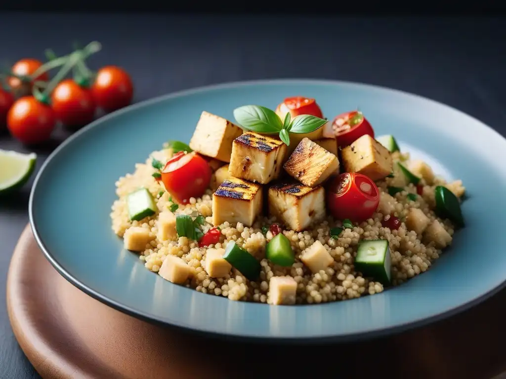 Deliciosa receta vegana mediterránea con tofu dorado, quinoa, tomate, pepino, hierbas frescas, hummus y za'atar