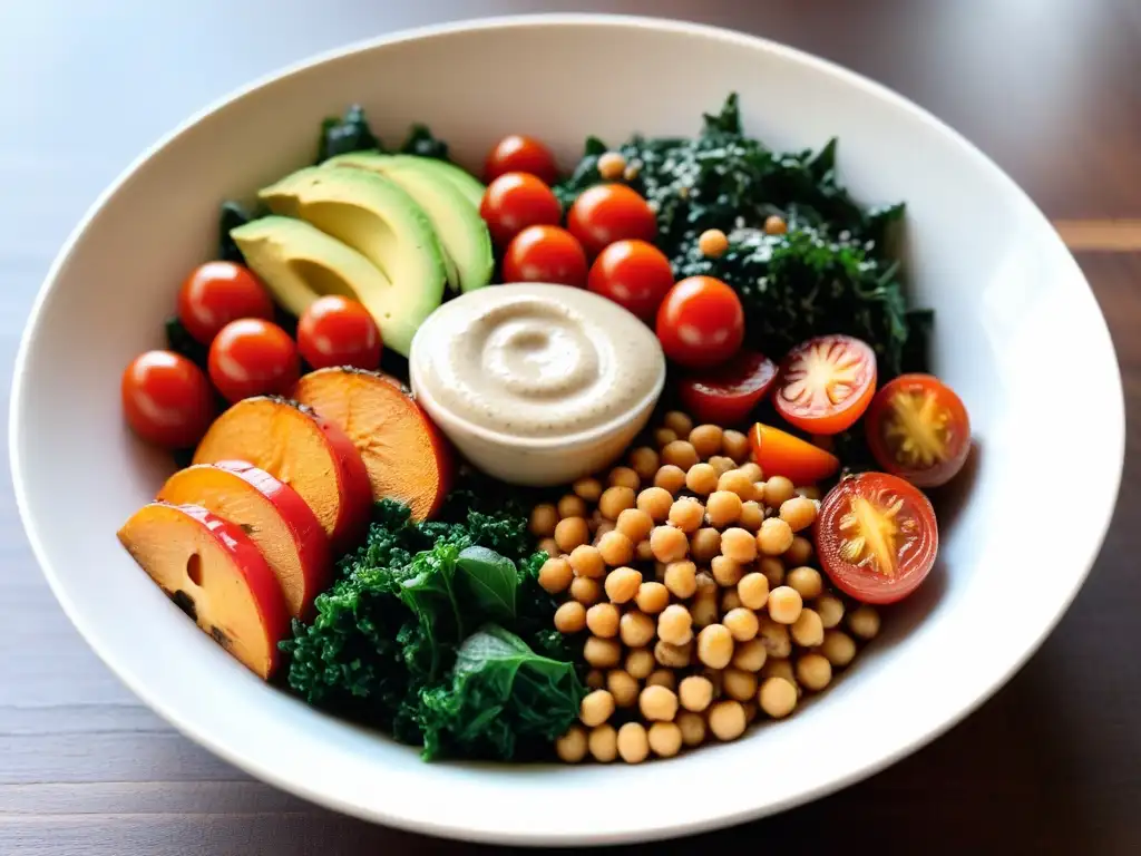 Deliciosa receta vegana para perder peso: colorido Buddha bowl con quinoa, kale, batata, aguacate, tomate, garbanzos y aderezo de tahini