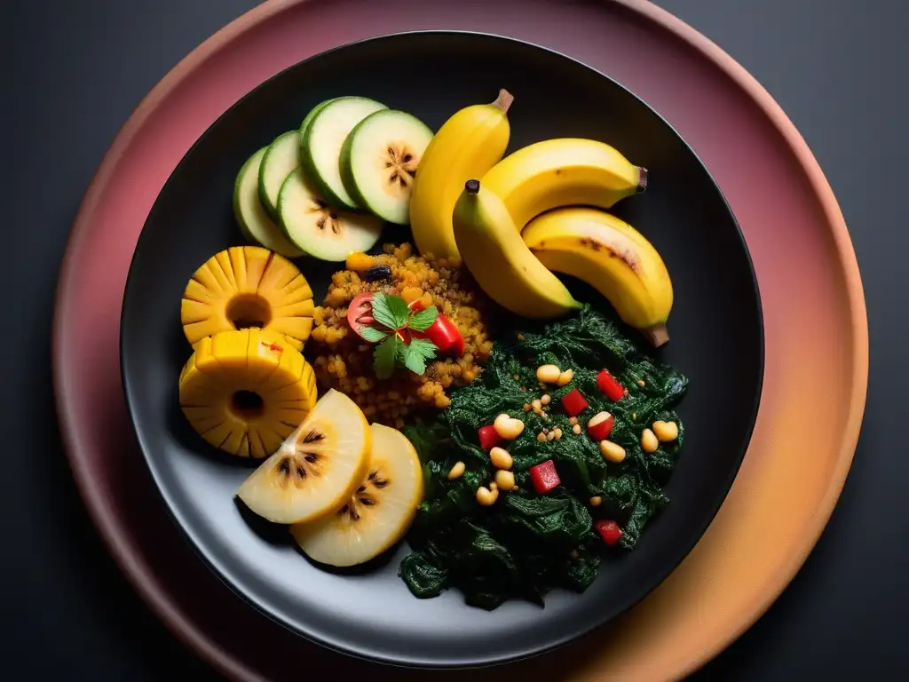 Deliciosa receta gastronomía vegana caribeña con plátanos, ackee y callaloo en un plato minimalista vibrante sobre fondo negro