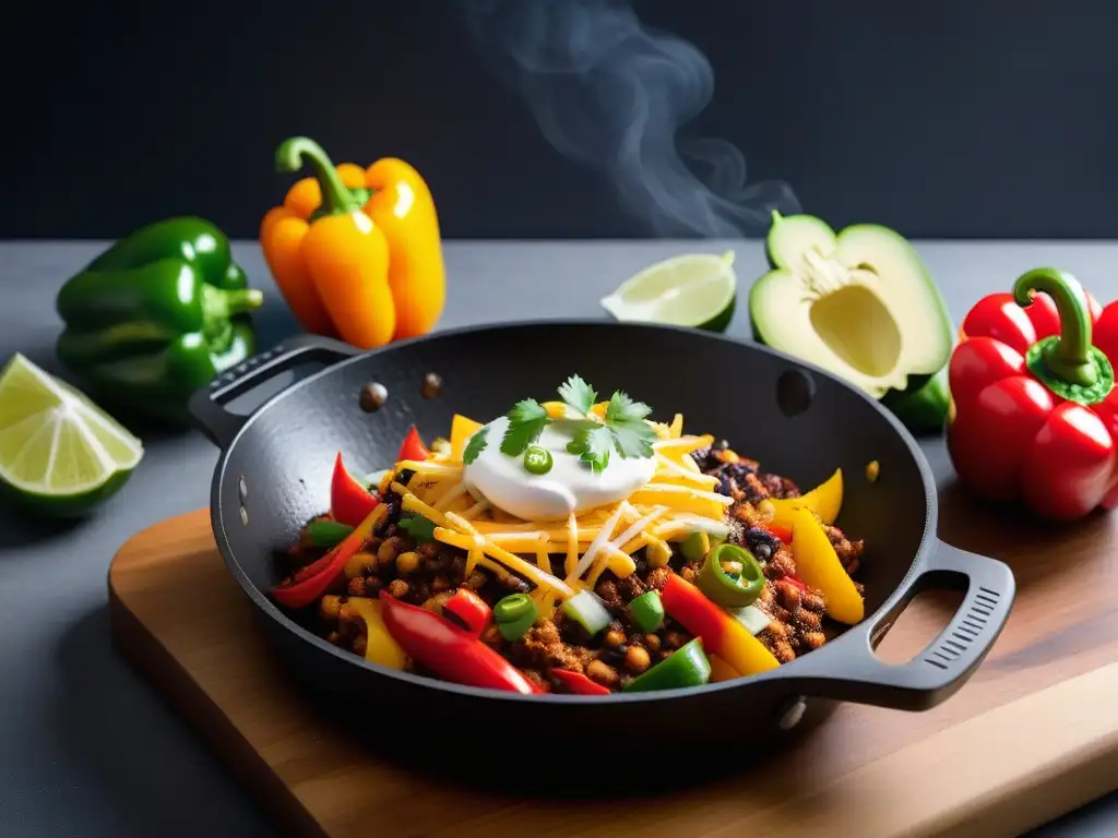 Deliciosa receta vegana con queso Monterrey Jack vegano en sartén de fajitas