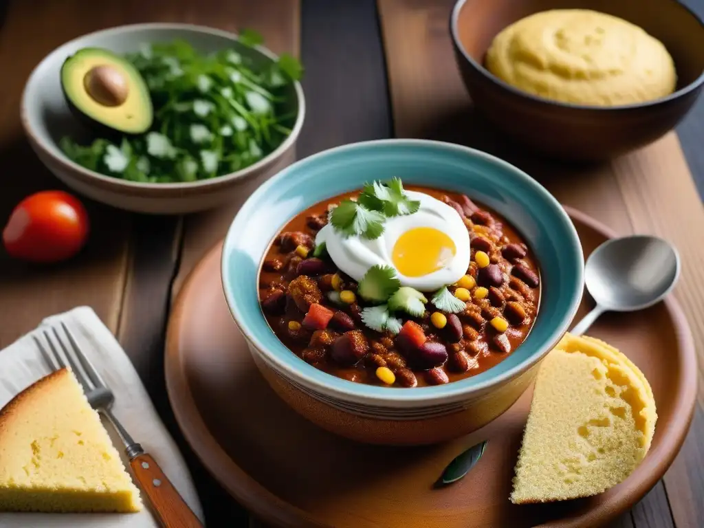 Deliciosa receta vegana de chili reconfortante con aguacate, crema vegana y cilantro, servido con pan de maíz