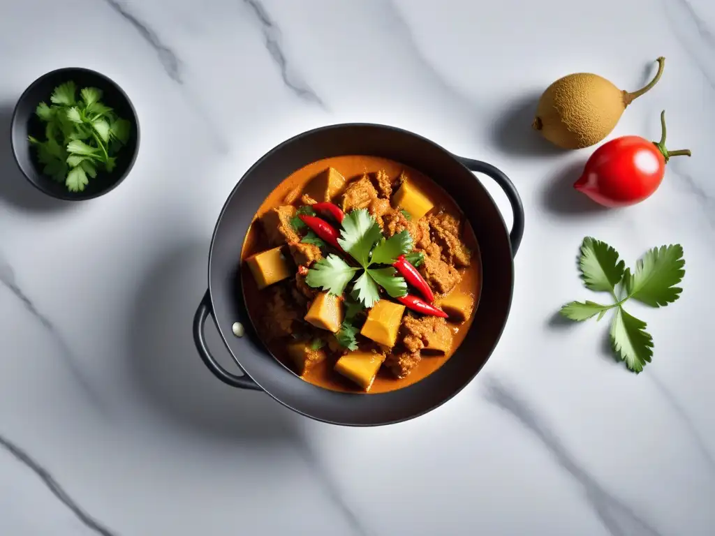 Deliciosa receta vegana sudeste asiático: curry de jackfruit en un elegante cuenco negro en moderna cocina de mármol