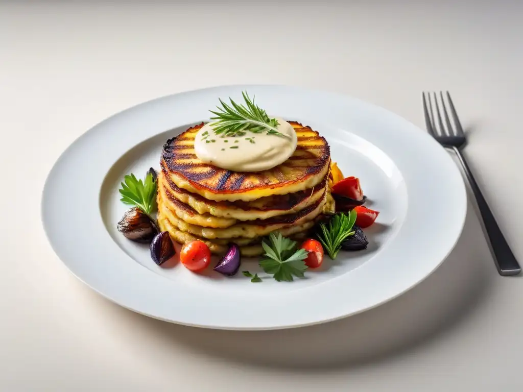 Deliciosa receta vegana suiza: rosti con verduras asadas y salsa de queso vegano, presentada de forma elegante y colorida