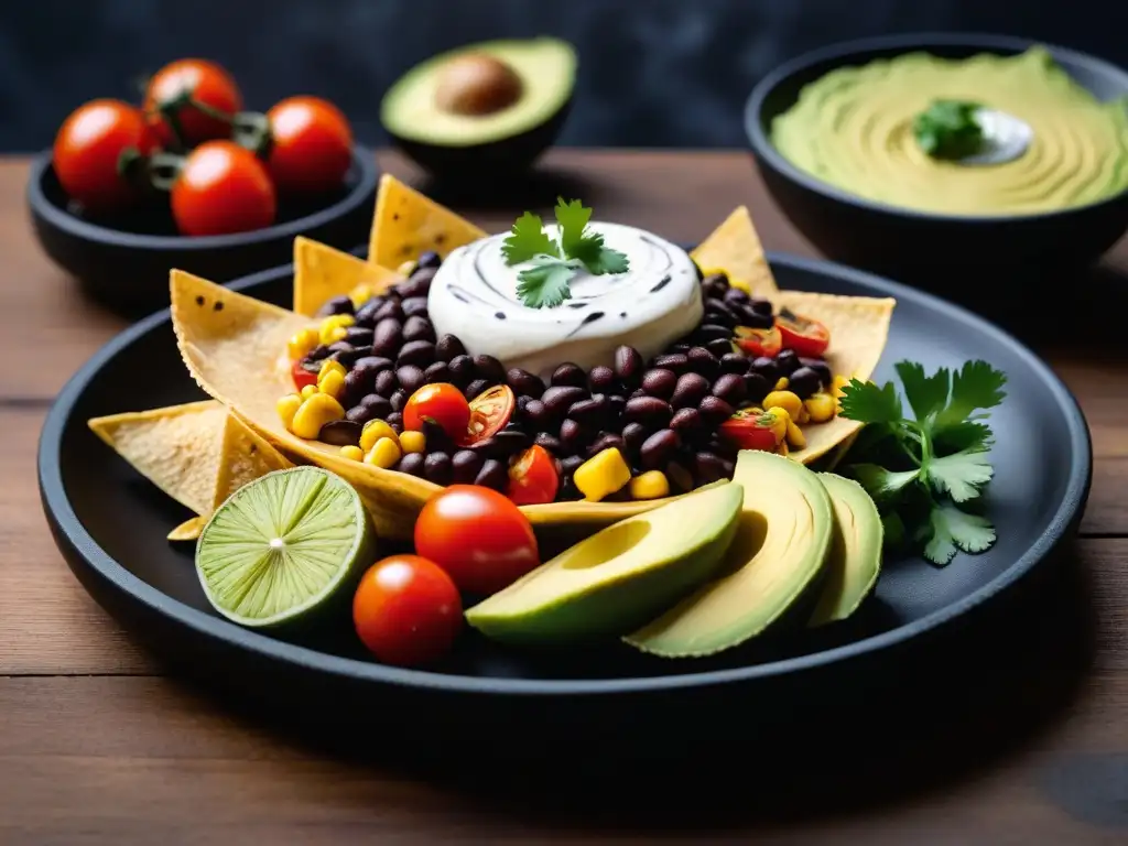 Deliciosa receta vegana TexMex creativa con jackfruit, frijoles negros, aguacate, tomates y cilantro, servida con tortilla chips caseras en plato negro