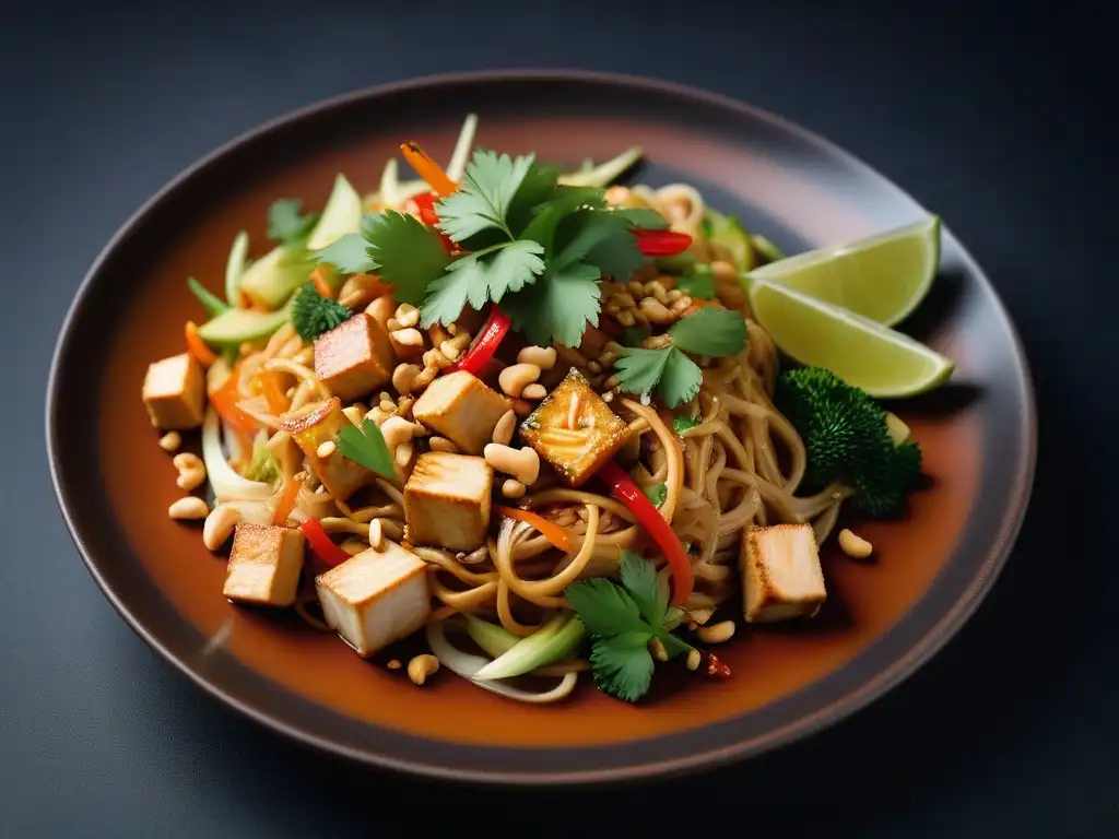 Deliciosa receta vegana de Pad Thai con vegetales y tofu, en una presentación vibrante y exquisita