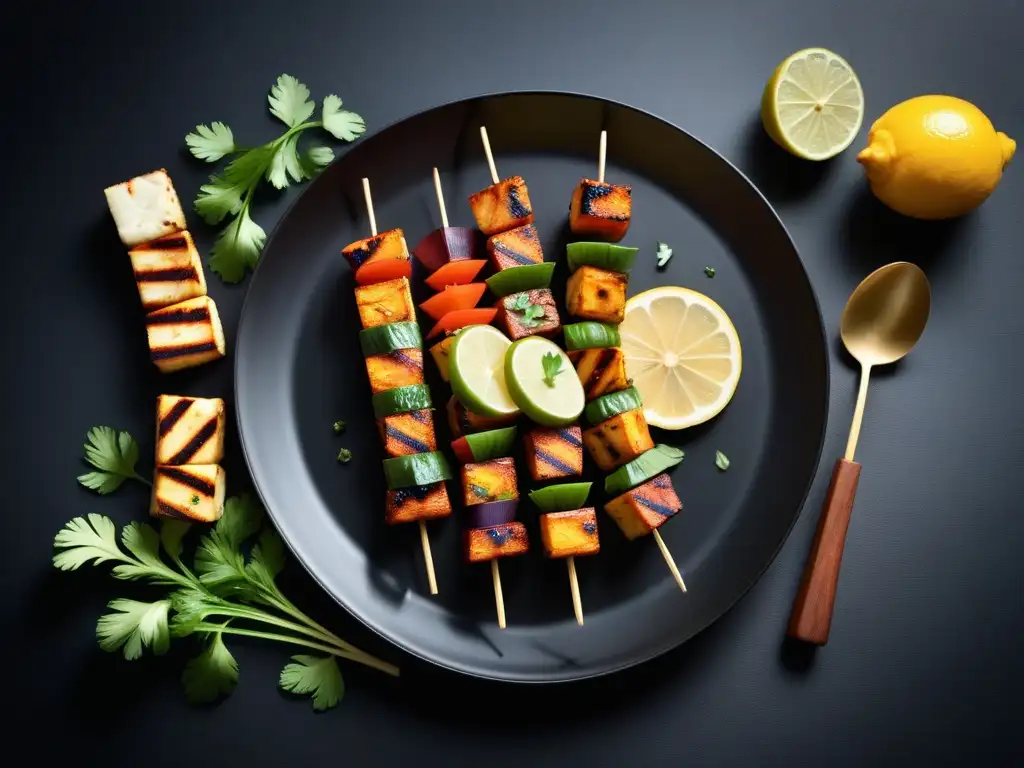 Deliciosa receta paneer tikka vegano: brochetas de paneer marinado, coloridas y elegantes en plato negro