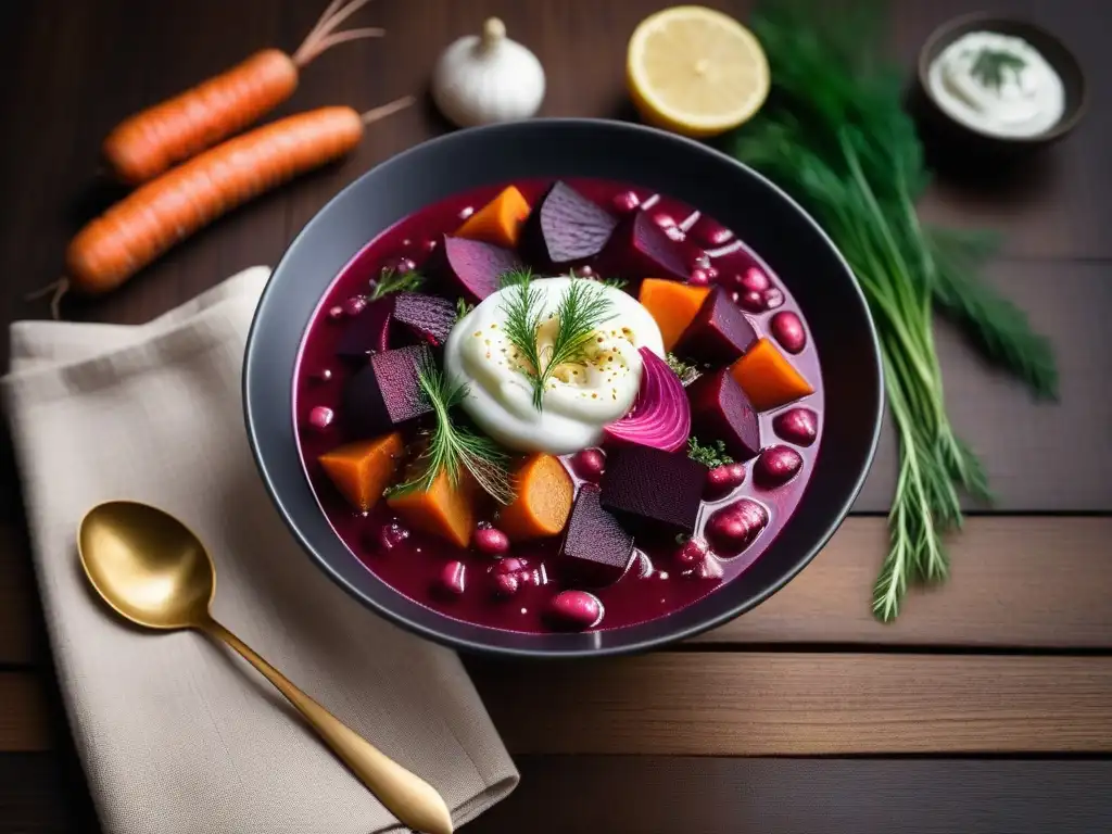 Deliciosa receta borscht vegano fácil en un bol vibrante con verduras coloridas y crema agria sin lácteos