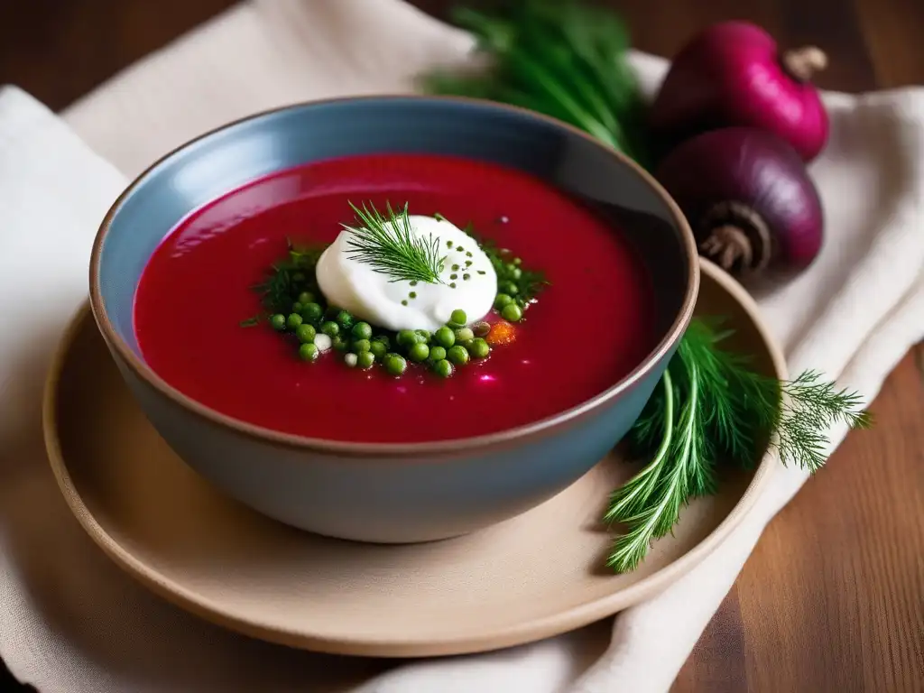 Una deliciosa receta borscht vegano fácil en una mesa rústica con colores vibrantes y frescura