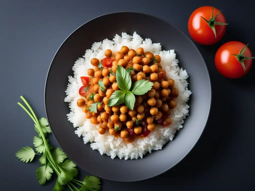 Deliciosa receta Chana Masala Vegano Fácil: un plato exquisitamente presentado con garbanzos, tomates, especias, cilantro y crema de coco