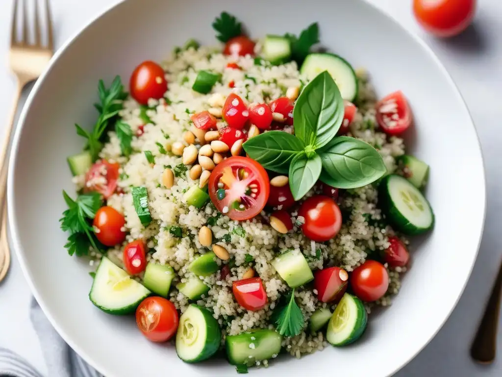 Deliciosa receta tabulé vegano saludable con quinoa, tomate, pepino, menta, limón, granada y piñones