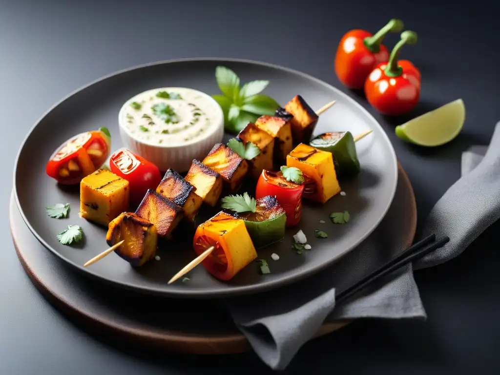 Deliciosa receta paneer tikka vegano: tofu marinado y vegetales a la parrilla, con chutney de menta, en plato blanco