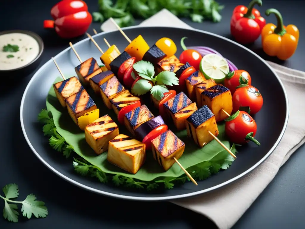 Deliciosa receta paneer tikka vegano con tofu marinado y vegetales coloridos en plato moderno