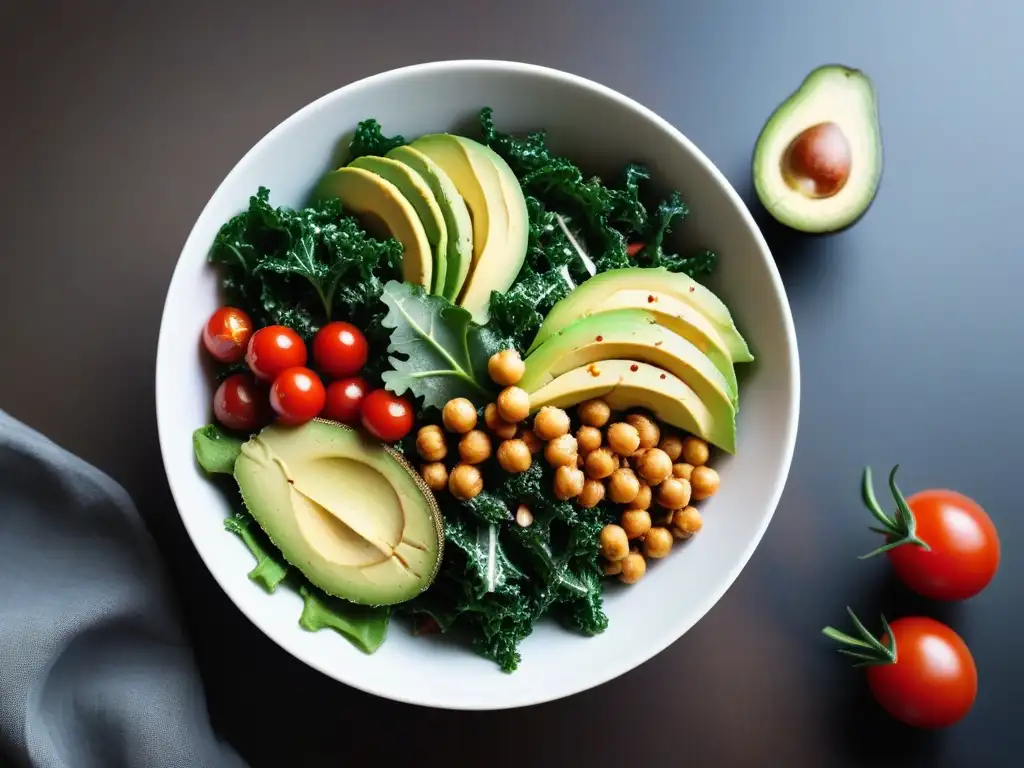 Deliciosa receta con kale vegano: vibrante ensalada con kale, tomates cherry, aguacate, garbanzos tostados y aderezo de tahini en plato blanco