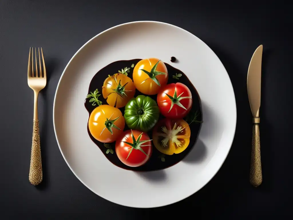 Deliciosa presentación de recetas veganas con ingredientes de temporada en un plato blanco sobre fondo oscuro