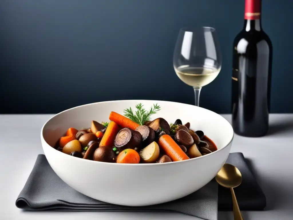 Una deliciosa reinvención vegana del boeuf bourguignon francés con zanahorias, champiñones y cebollas perladas en salsa de vino tinto