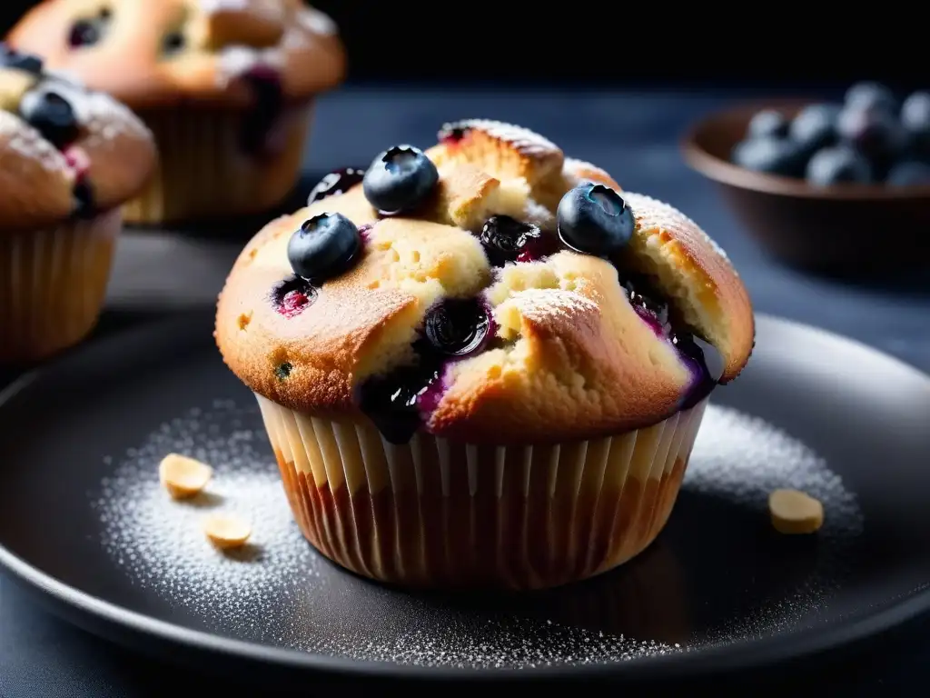 Deliciosa repostería vegana sin gluten saludable: un muffin de arándanos recién horneado con azúcar glass y arándanos frescos en un plato negro mate