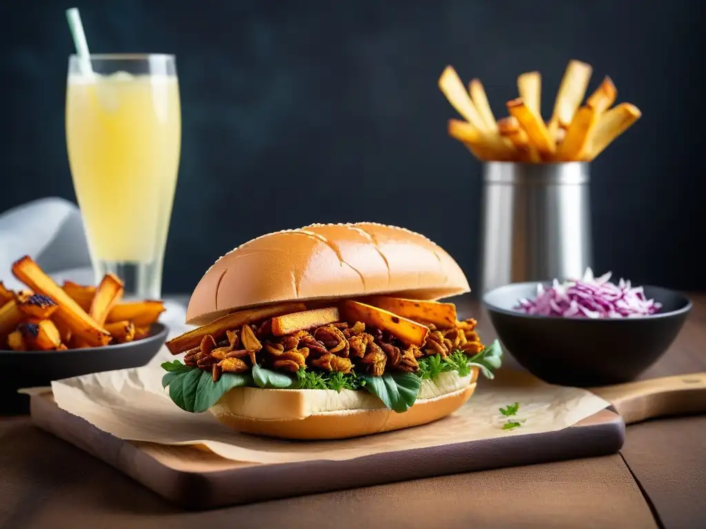 Deliciosa fusión de sabores en un vibrante sándwich vegano de jackfruit con papas fritas, ensalada de col y limonada casera