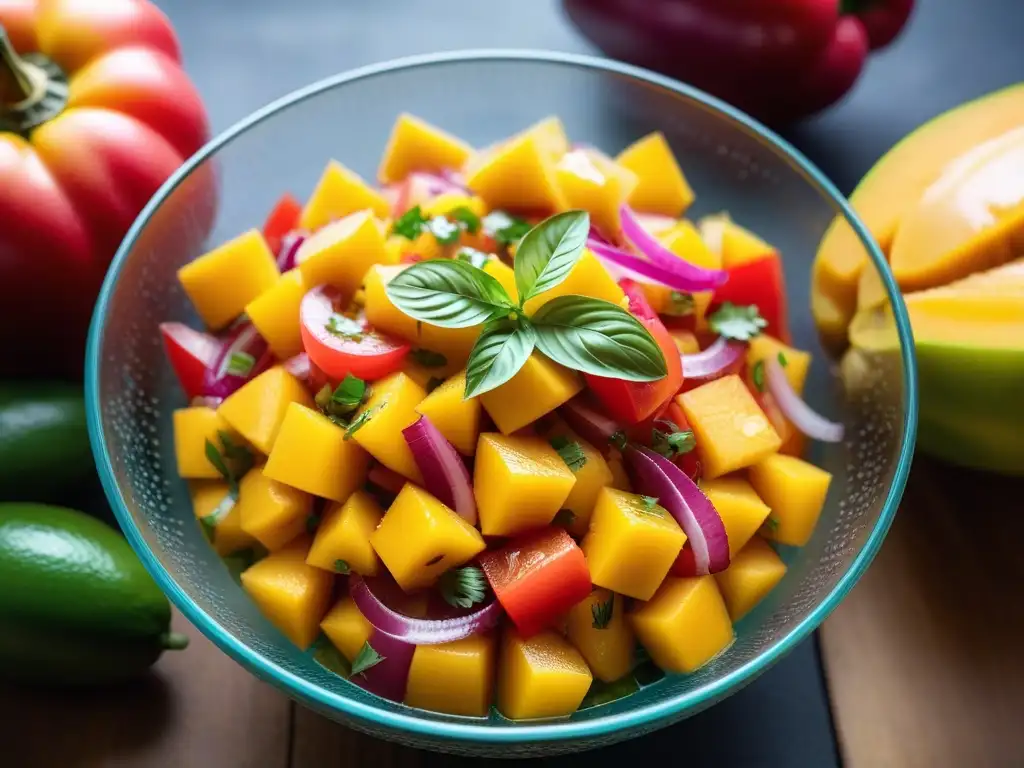 Deliciosa salsa de mango casera en bowl de vidrio, con ingredientes frescos y coloridos