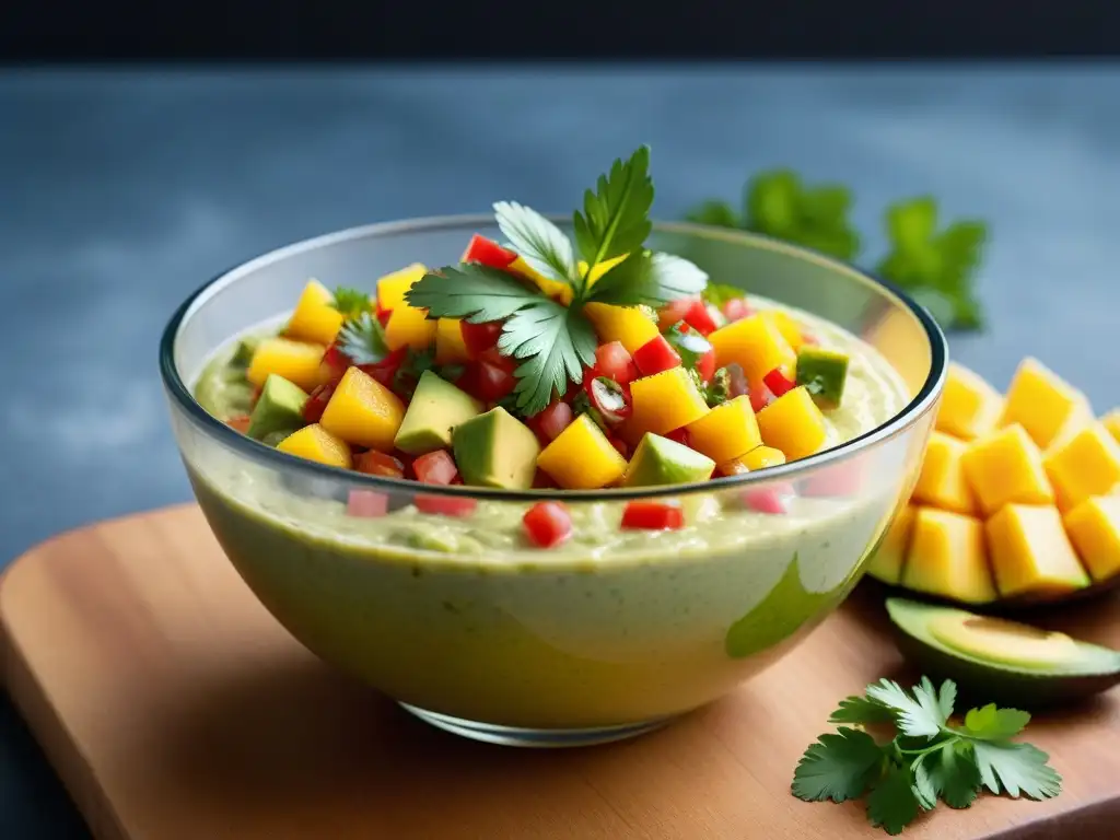 Una deliciosa salsa vegana de mango y aguacate en un bol de cristal, decorada con cilantro fresco y rodajas de chile