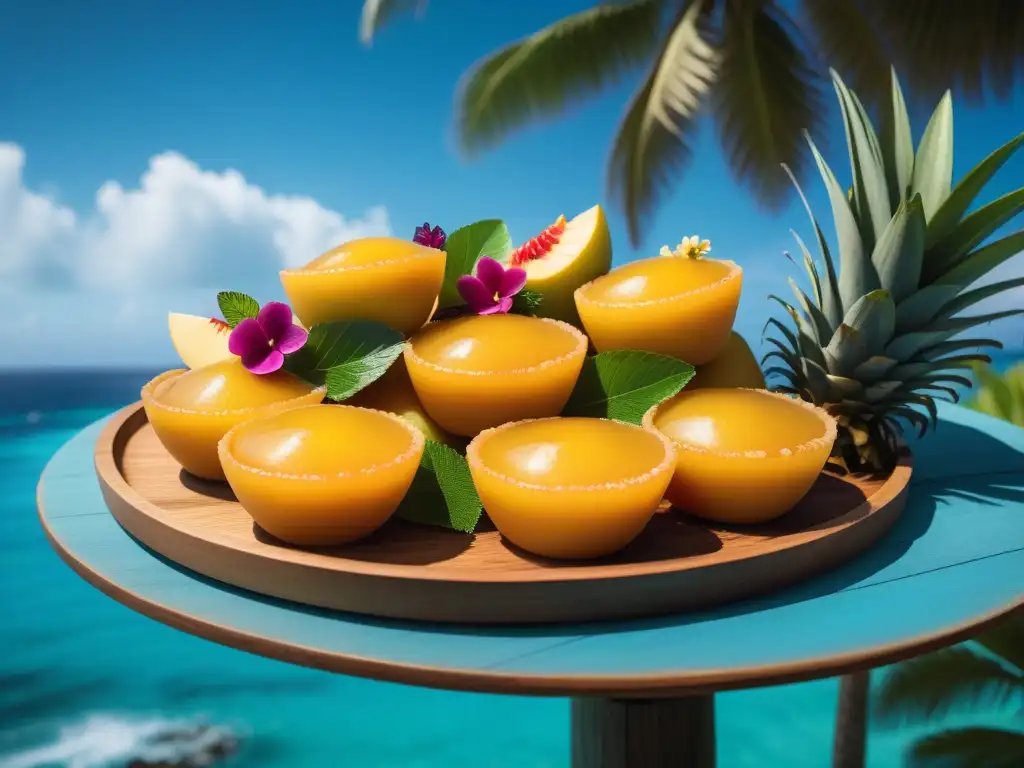 Deliciosa selección de postres veganos caribeños saludables con frutas tropicales y dulces exóticos en una playa caribeña