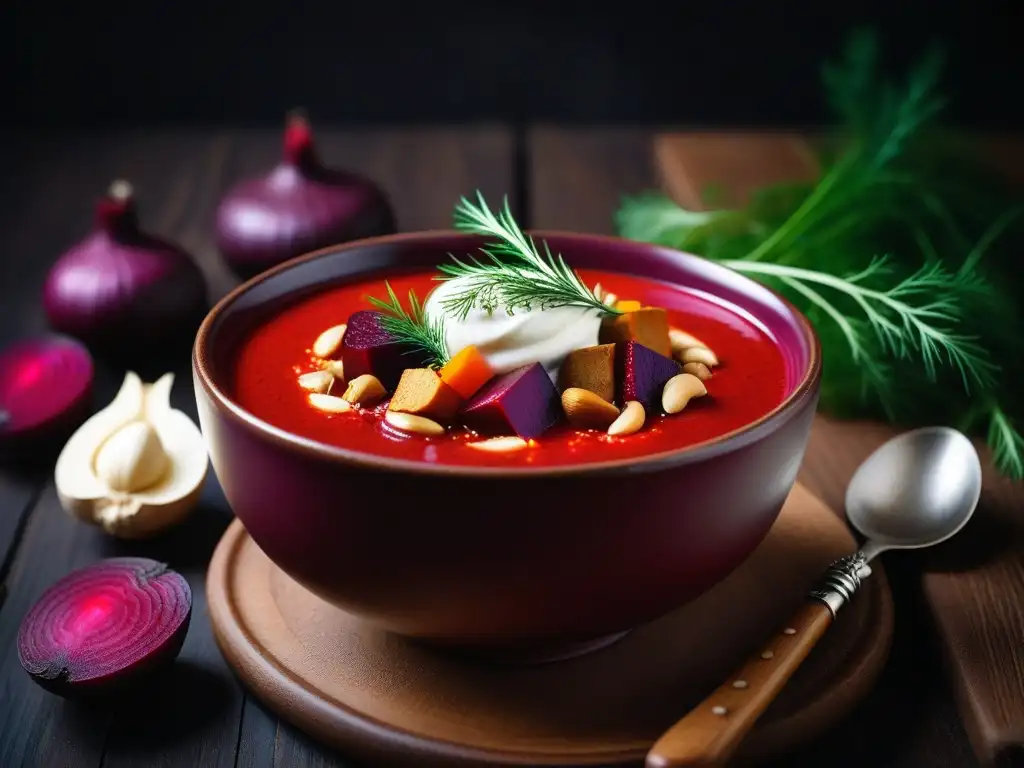 Una deliciosa sopa de borsch vegana en un bol de cerámica, decorada con crema de anacardos, eneldo fresco y pimentón ahumado