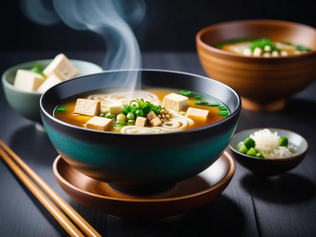 Una deliciosa sopa de miso con tofu, cebollino y semillas de sésamo en cuenco japonés, creando un ambiente acogedor para una comida vegana