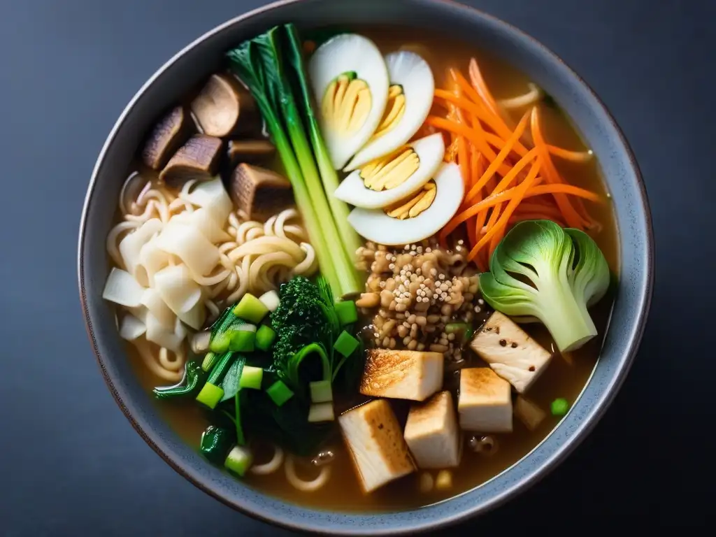 Una deliciosa sopa vegana asiática reconfortante, llena de coloridas verduras, tofu y aromáticas especias