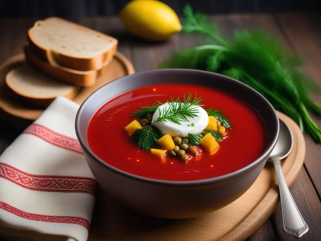 Deliciosa sopa vegana borsch ucraniana con crema agria y pan oscuro en mesa rústica