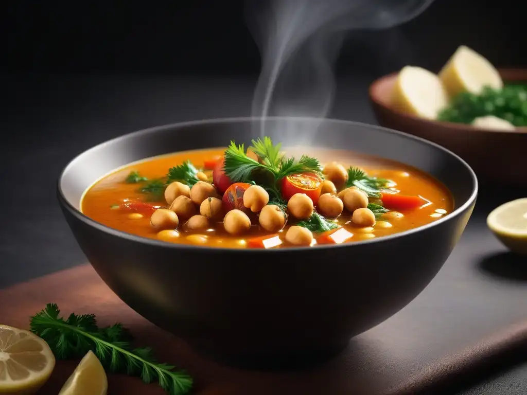 Una deliciosa sopa vegana Harira sin carne, con vegetales coloridos y aromáticos, sobre una mesa de madera moderna