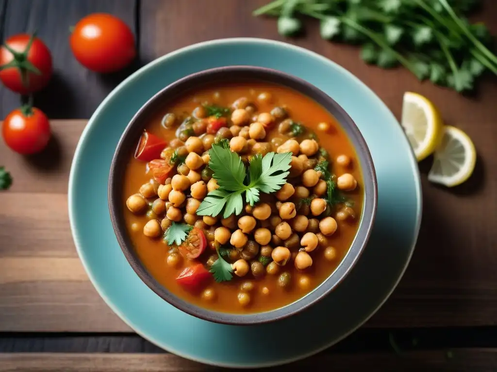 Deliciosa sopa vegana harira sin carne con colores y texturas vibrantes, en un ambiente acogedor