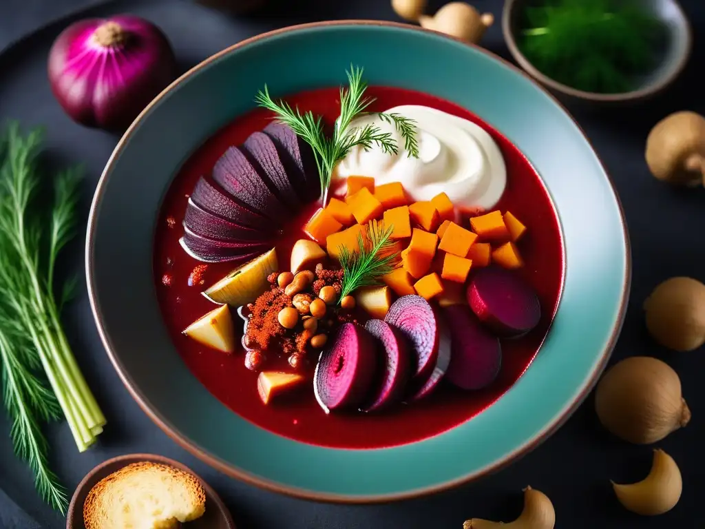 Una deliciosa sopa borsch vegana con ingredientes de Europa del Este en un bol de cerámica moderno