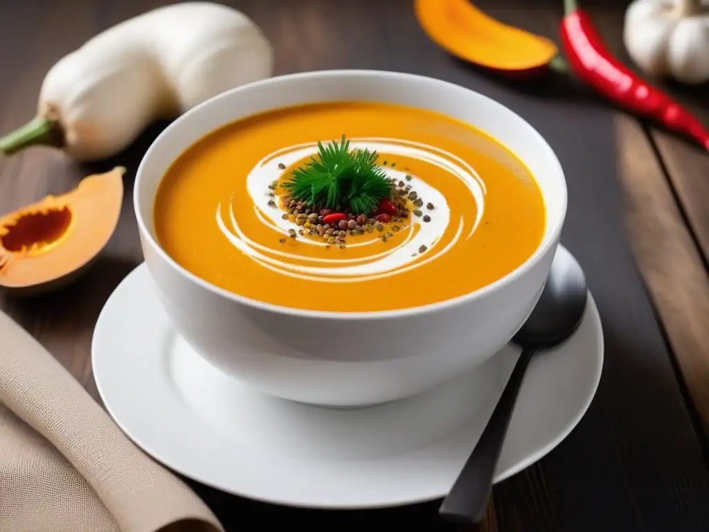 Una deliciosa sopa vegana reconfortante de calabaza servida en un bol blanco sobre mesa de madera