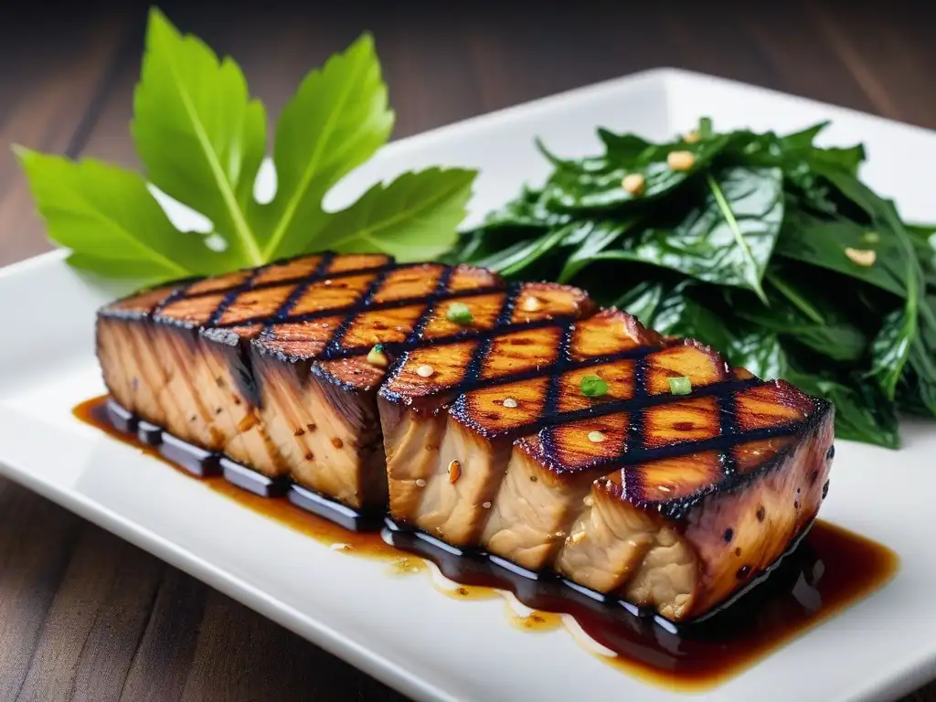 Deliciosa steak de tempeh a la parrilla con balsámico y chard, resaltando beneficios tempeh dieta vegana